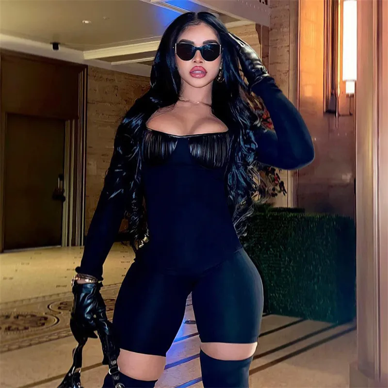 

Women's Solid Color Romper Fashion Zipper Long Sleeve Square Neck Ruched Bust Jumpsuit Shorts Female Slim Fit Overalls Playsuits