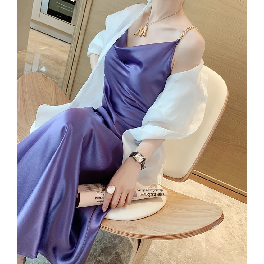 

2023 New Super Gorgeous Diagonal Cut Triacetate Suspender Dress Low-key and Gorgeous Acetate Silk Formal Dress Long Noble Sense