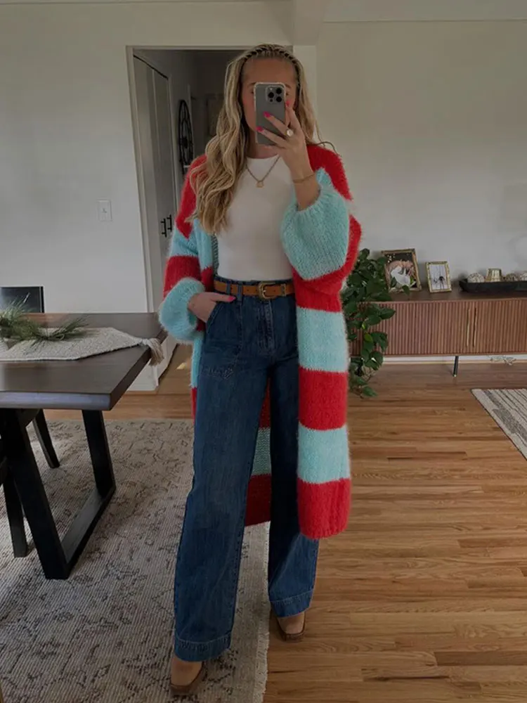 Осень 2024 красочный полосатый вязаный кардиган женский повседневный с фонариком