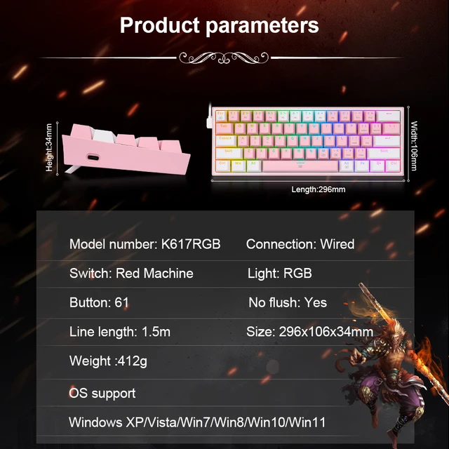 K617 RGB USB Mini Mechanical Gaming Wired Keyboard Red Switch 61 Key Gamer for Computer PC Laptop detachable cable 6