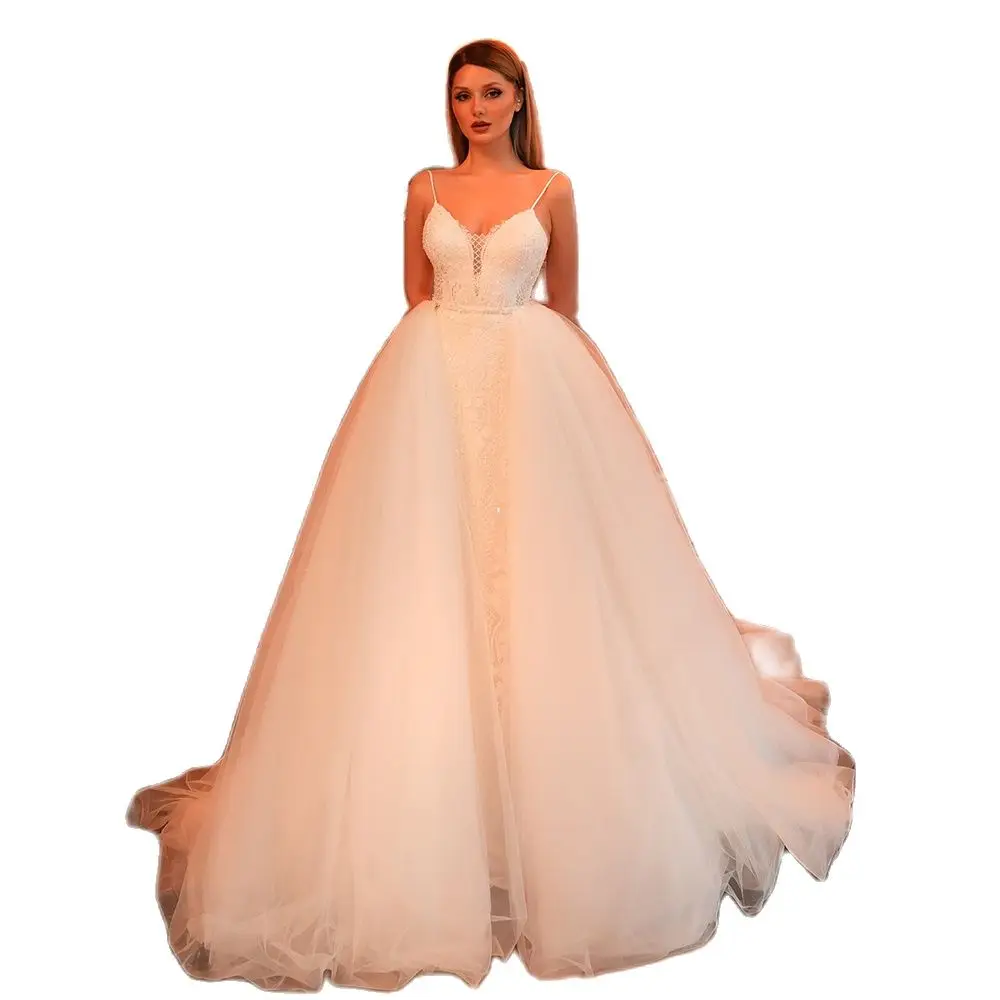 

Luxurious Spaghetto Staps V-neck Lace Applique Mermiad Wedding Dresses With Detachbal Trian Train 2023 Rode De Morriw
