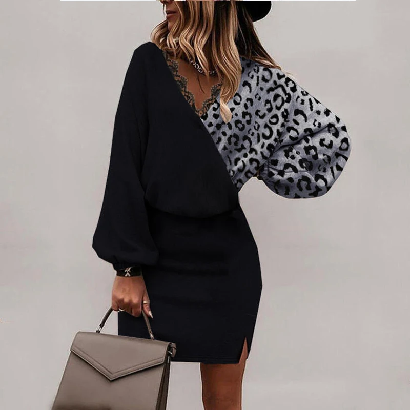 

2022 Spring Leopard Splicing Long Sleeve Lace V-neck Sexy Elegant Formal Dresses Women Plus Size S-5XL Casual Buttocks Dress