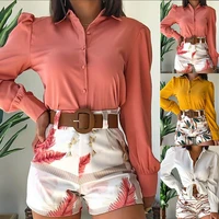 2022 summer floral print track suits woman long sleeve v neck top casual shorts set with belt women outfits 2 pieces set