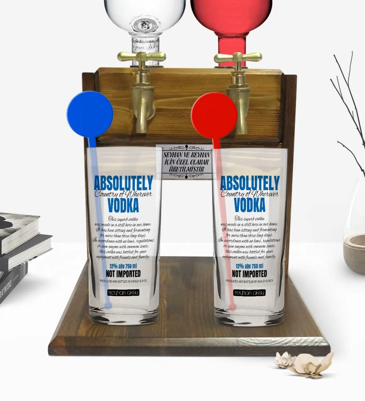 

Personalized Colorful Printed Absolutely Vodka Designed Dual Vodka Cup and Double Tap Natural Wood Vodka Standı-1