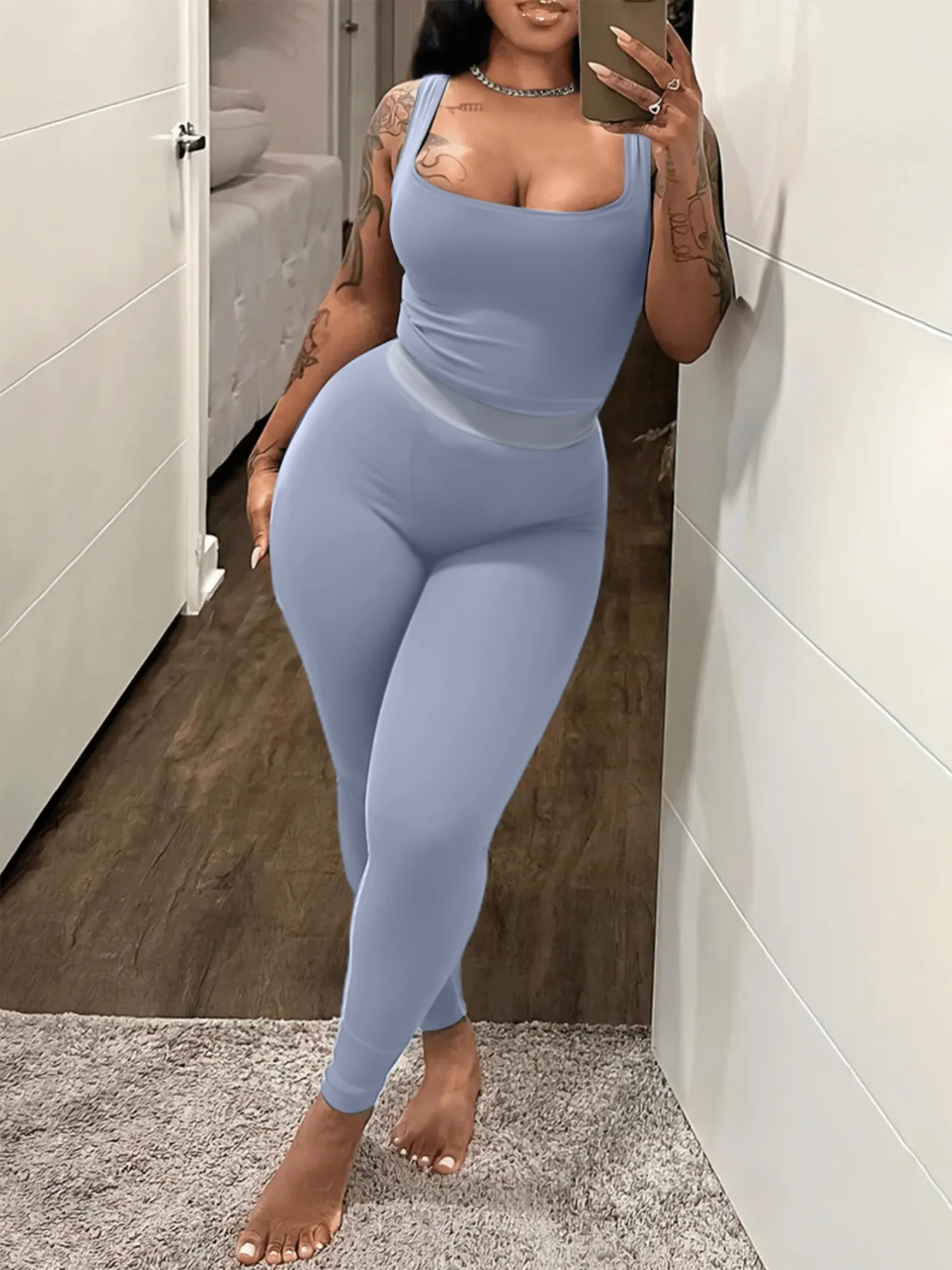 LW BASICS Однотонный укороченный топ на бретельках скинни эластичные брюки комплект