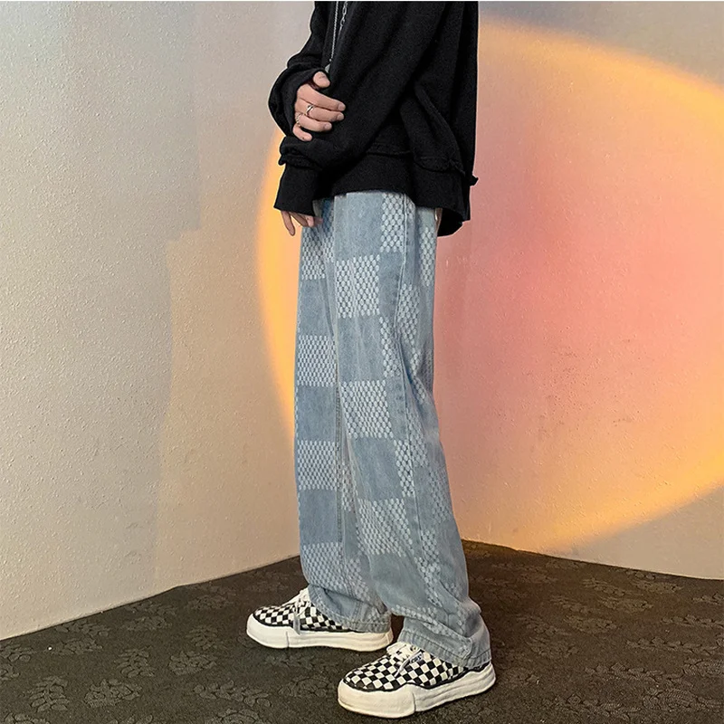 European and American Hiphop Pants High Street Ins Tide Brand Jacquard Plaid Jeans Men's Retro Loose Straight Casual Jeans