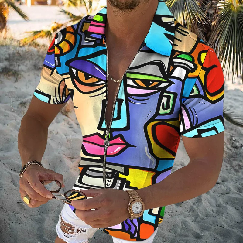 

Рубашка мужская в клетку, короткий рукав, отложной воротник, молния, брендовый дизайнерский кардиган в полоску, модная мужская одежда для от...