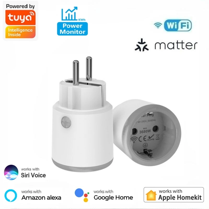 

Matter Wifi Smart Plug EU France 16A Socket with Power Monitoring Function Works with Tuya Homekit Alexa Google Home Smartlife