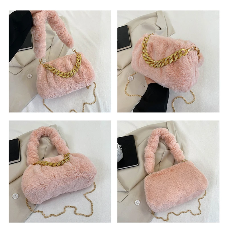 Pearl Chains Plush Tote Bags For Women 2022 Winter Soft Fluffy Bag Solid Furry Luxury Designer Handbag Pleated Fur Shoulder Bags