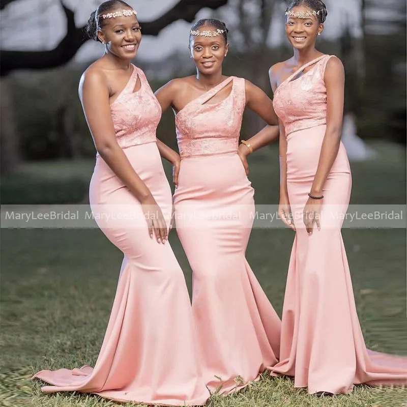 

Платье подружки невесты с юбкой-годе телесного розового цвета, кружевное длинное платье на одно плечо с вырезом, стрейчевое атласное платье для свадебной вечеринки, выпускного вечера