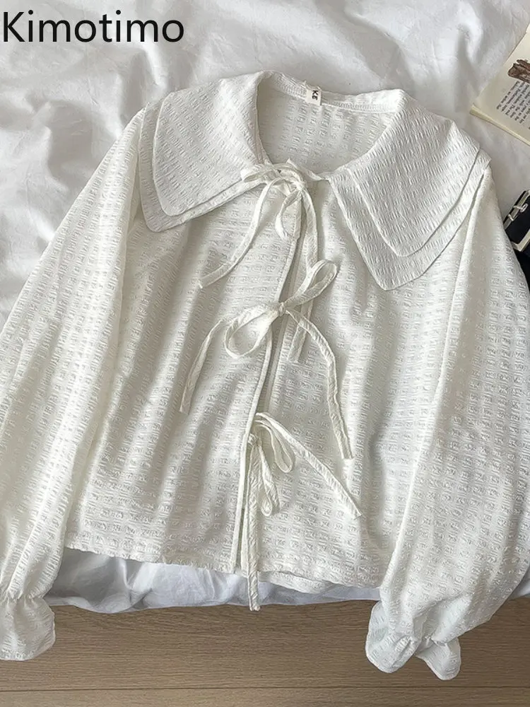 

Kimotimo двухслойная рубашка с кукольным воротником и бантом на шнуровке, женские весенние однотонные свободные текстурные топы, французские м...