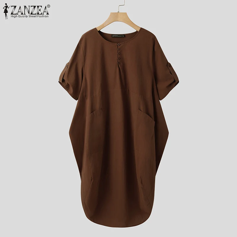 

Женское винтажное однотонное платье ZANZEA, повседневное асимметричное мешковатое платье с коротким рукавом и круглым вырезом, большие разме...