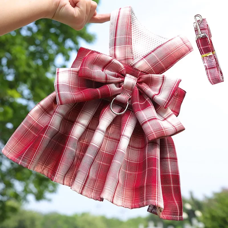 

NEW2023 Bow Dog Collar Skirt Cute Pet Harness with Breast Strap Traction Rope Cat Dogs Clothes Harness Vest Princess Tutu Dress