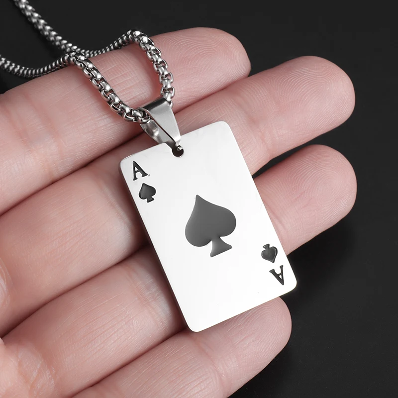 

Lucky Mens Ace of Spades Necklace Pendant Stainless Steel Chain Necklace Malecasino Fortune Playing Cards