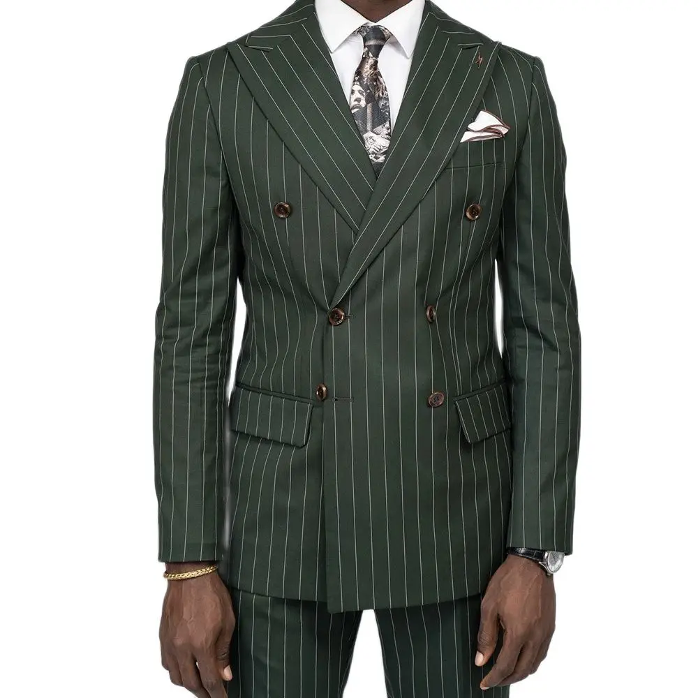 

Деловой костюм в зеленую полоску для мужчин, двубортный облегающий костюм из 2 предметов в стиле ретро, мужской деловой повседневный костюм для свадьбы