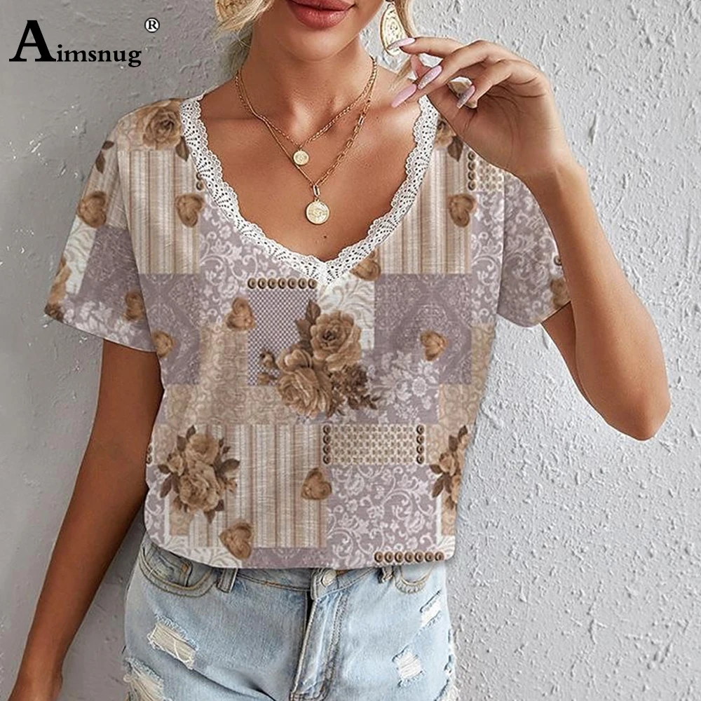 

Women Patchwork Lace Top Pullovers Female Short Sleeve Casual Boho Flower Print T-Shirt 2023 Summer Leisure V-neck Tees Shirt
