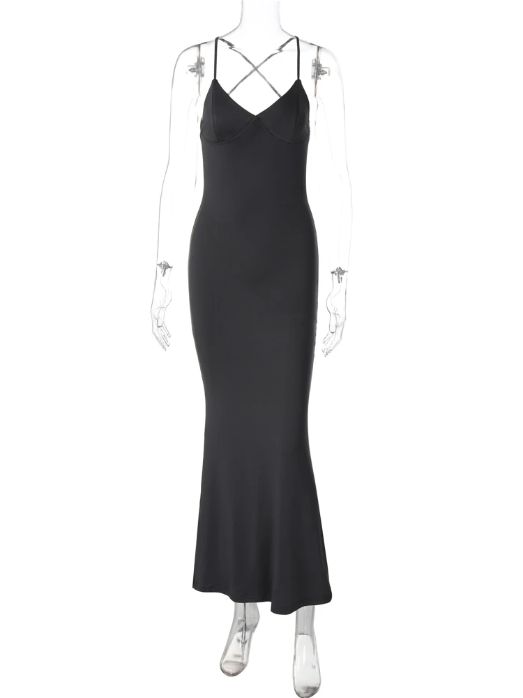 Однотонное летнее платье Hugcitar 2024 с открытой спиной облегающее повседневное