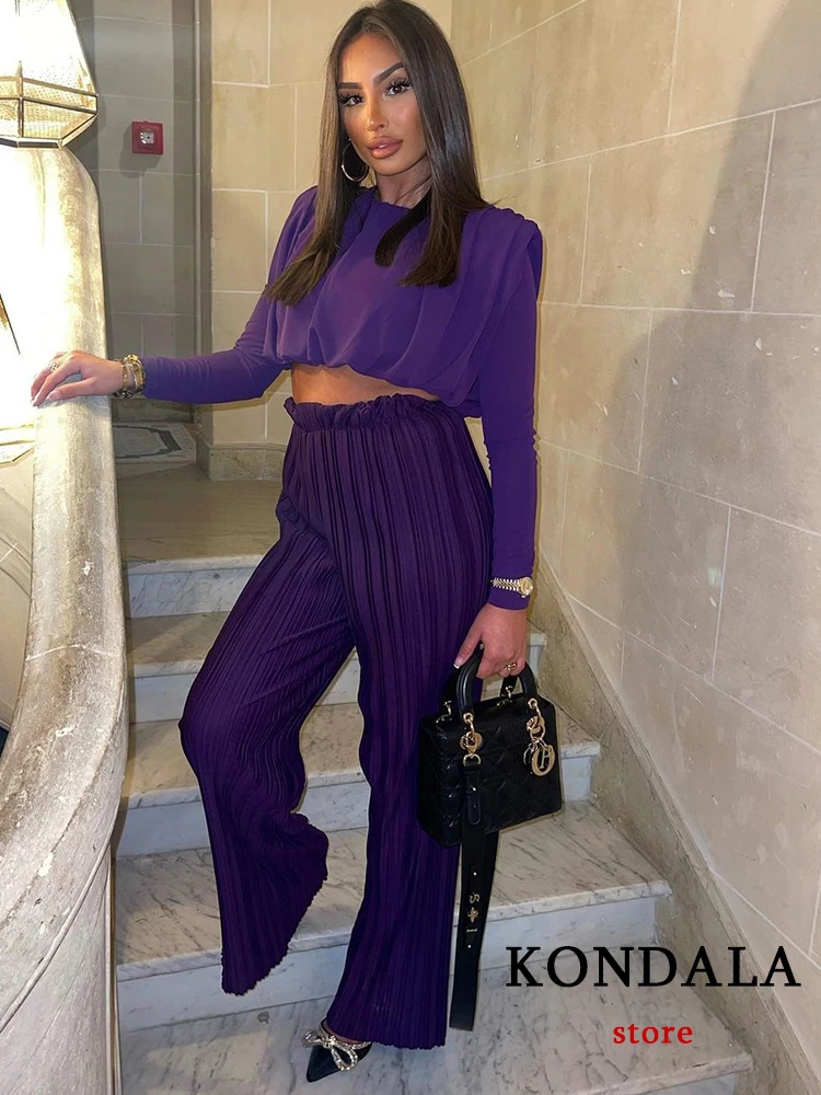 

KONDALA Za 2022 Streetwear Solid Purple 2 Pieces Women Suits Long Sleeve O Neck Cropped Tops Mujer+High Waist Flare Long Pants