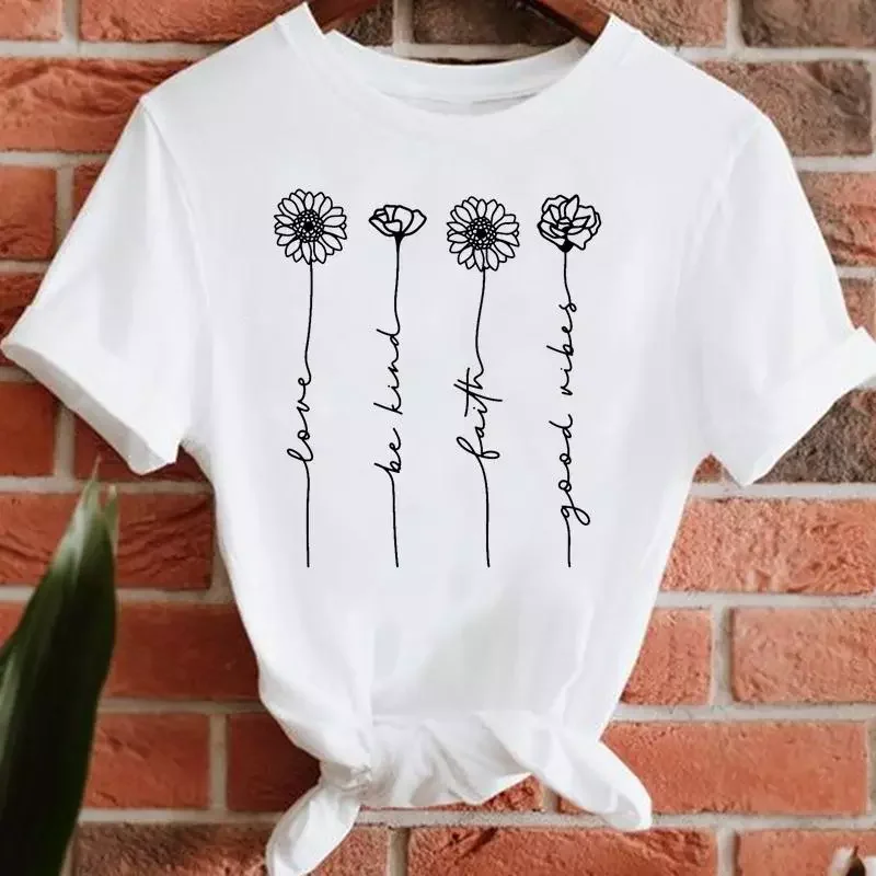 

2022NEW Letter Flower Love Sweet Fashion T-shirts Women Summer Tshirt Top Lady Print Female Clothes Short Sleeve Graphic T-Shirt