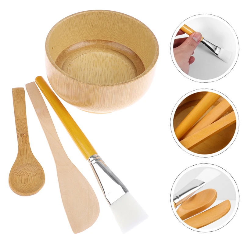 

4Pcs DIY Face Mask Mixing Tool Set Natural Bamboo Bowl Spatula Brush and Spoon
