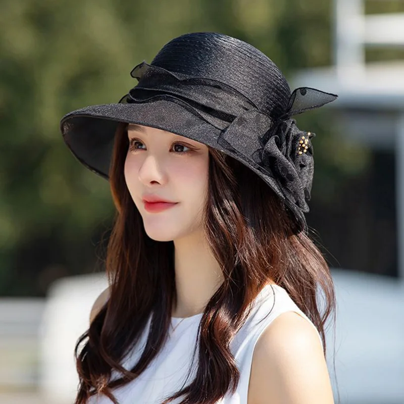 

2022 New Fashion Elegant Floral Organza Dot Mesh Church Hat For Women Foldable Wedding Party Hat Summer Beach Protection Sun Cap