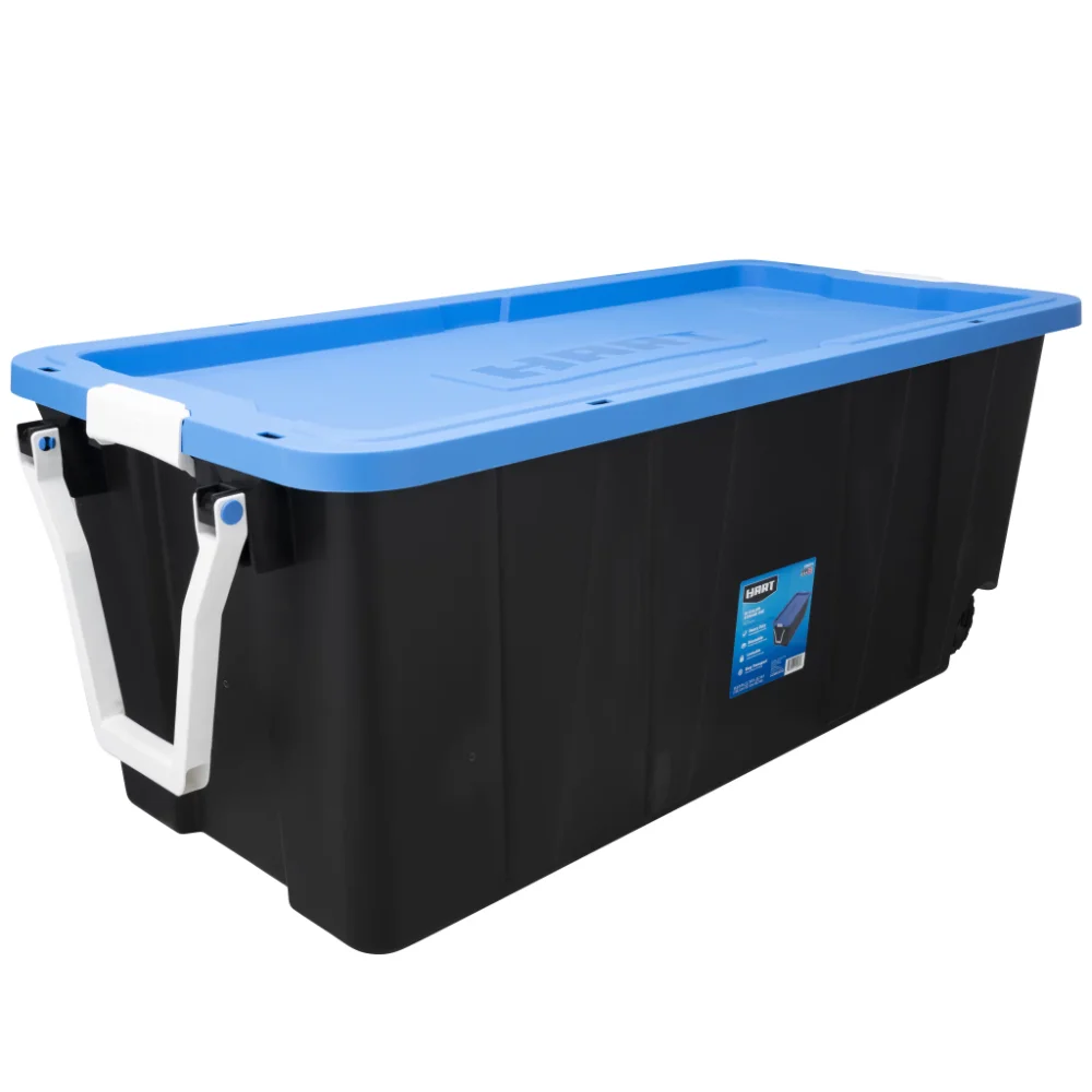 

storage box organizer 50 Gallon Heavy-Duty Wheeled Plastic Storage Bin, Black Base/ Blue Lid