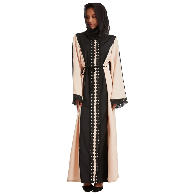 

Muslim Women's Lace Patchwork Embroidery Abaya Claasic Long Sleeve Round Neck Dress With Tassel Belt Arab Islam Ethnic Apparels