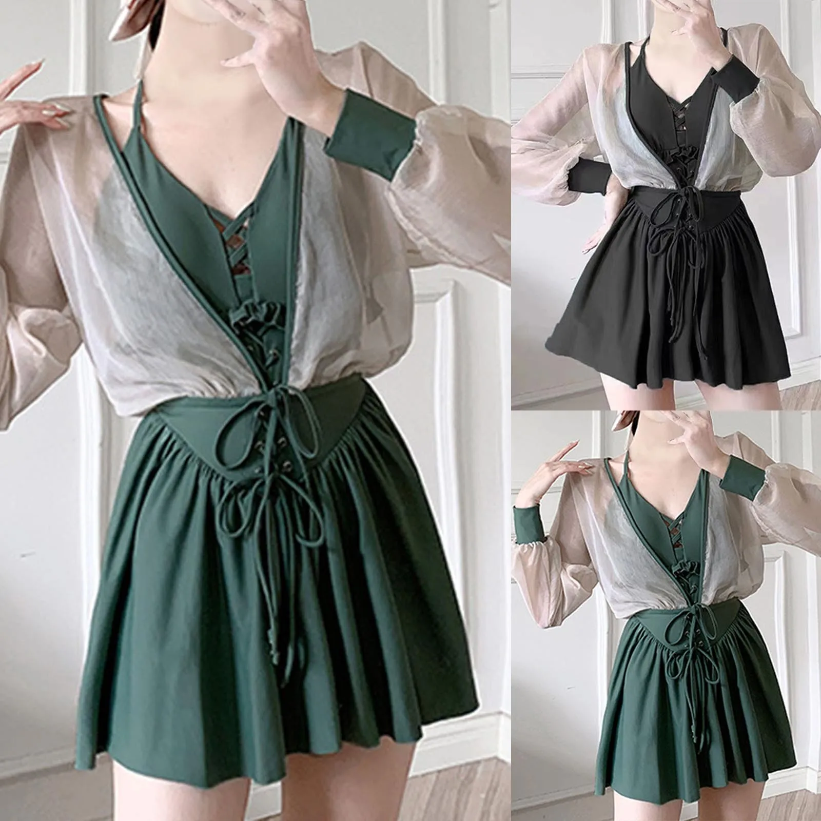 

Women Fashion Suspender Strap Long Sleeve Coat Two Piece Meat Covering Padded Vintage Swimwear Sexy Beachwear