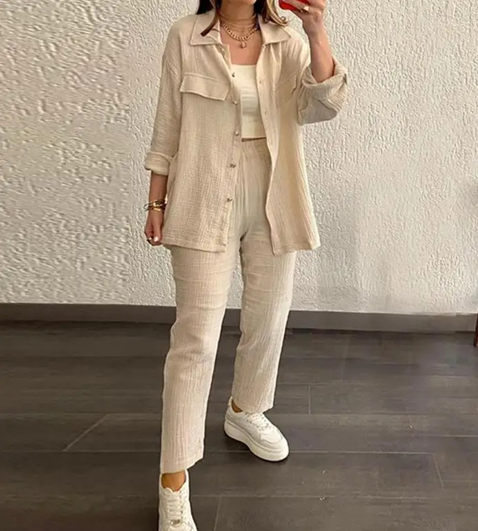 

Women's Pant Set 2023 Double Layer Crepe Loose Lapel Long Sleeve Shirt and Solid Color Casual Pant Set Two Piece Set for Women