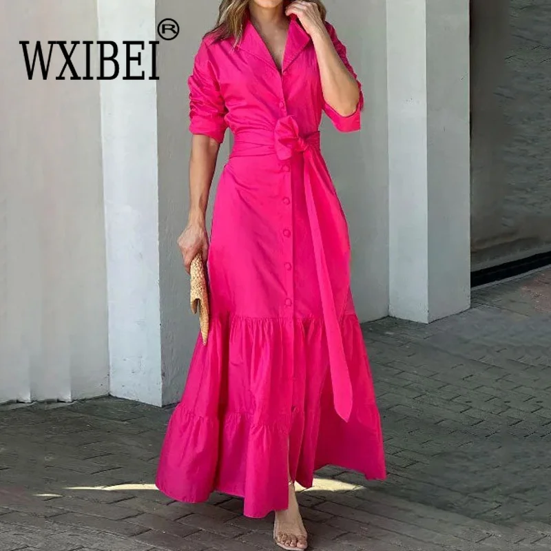 

WXIBEI Fashion Tunic Dresses For Women Lapel Long Sleeve High Waist Single Breasted Solid Bandage Slim Dress Female Summer FC725