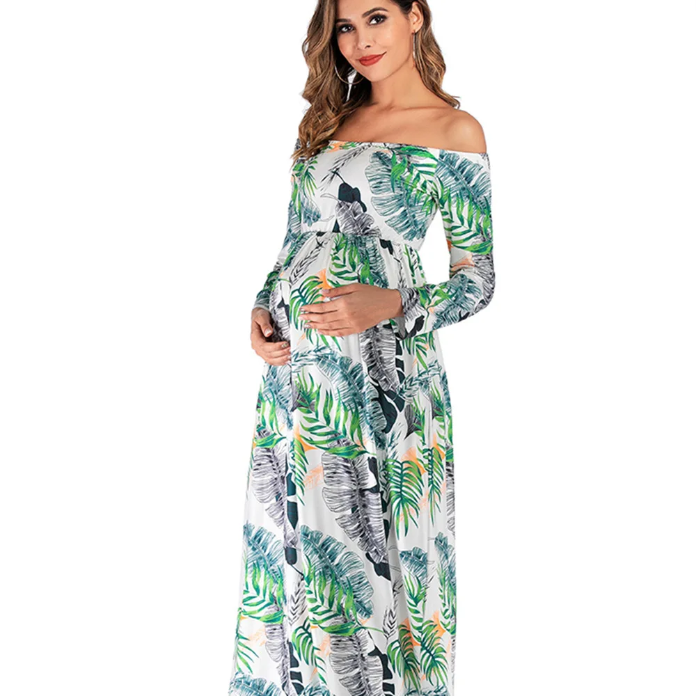 2022 fashion pregnancy dress cotton one shoulder printed long sleeved maternity dress clothes for pregnant women maxi dress enlarge