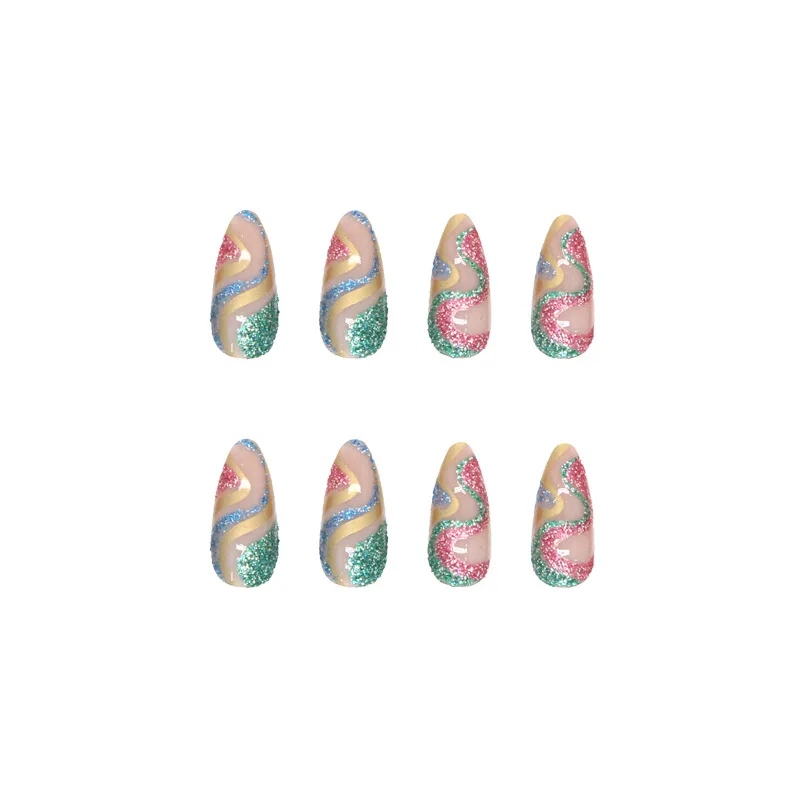 24Pcs Almond False Nails with Snake Glitter Design French Stiletto Full Cover Fake Nails Glue DIY Manicure Nail Art Tips Tool images - 6