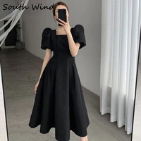 summer elegant black dress fashion square collar puff sleeve ruffle female dresses korea high waist party womens clothing