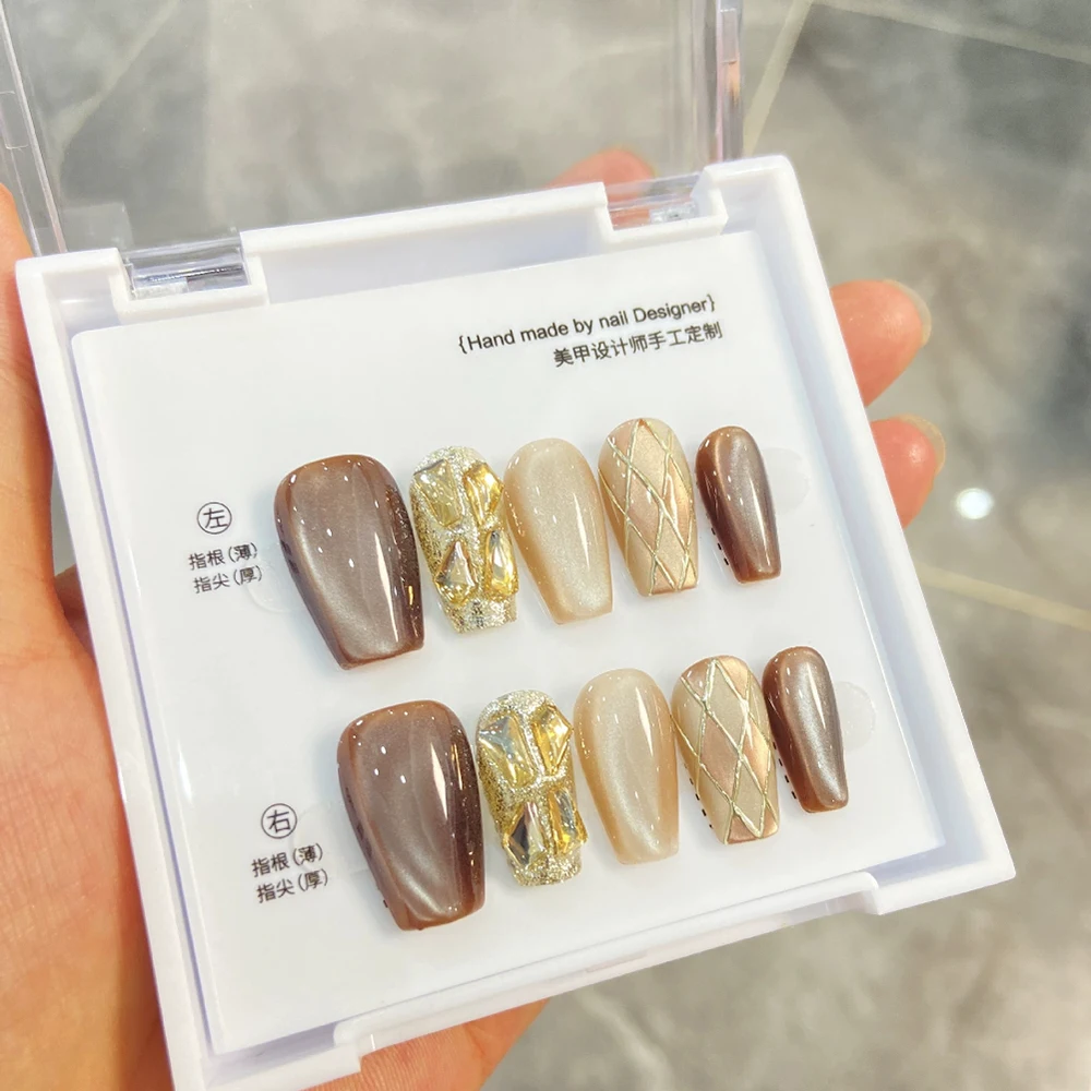 

10 шт., кошачьи глаза, ручная работа, накладные ногти, каваи, короткие квадратные круглые цветы, жемчужные волнистые точки, дизайн со стразами, носимые накладные ногти