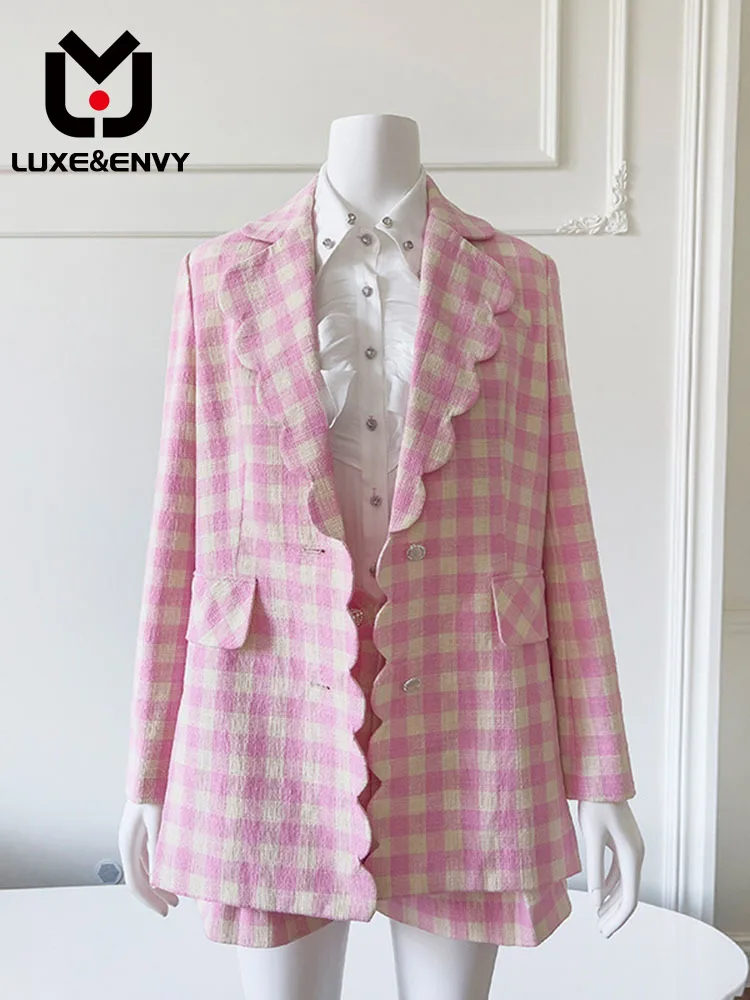 

Роскошный пиджак с откидным воротником & ENVY, топ, комбинезон с волнистыми краями, плиссированные шорты, розовый клетчатый костюм, 91430 + 71257 + 51190