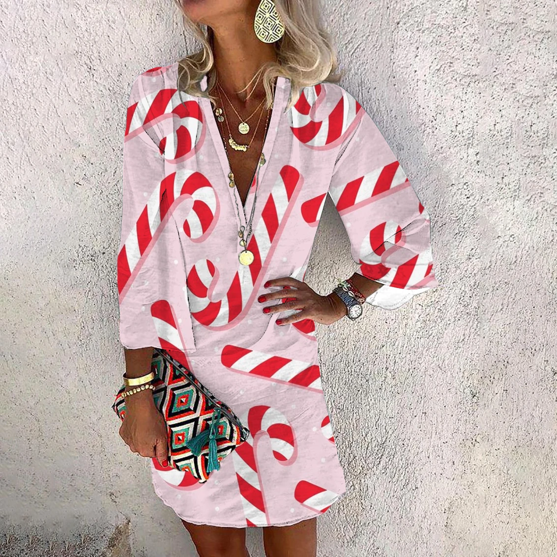 

2022 New Year Gift Christmas summer new featured print deep V-neck horn half sleeve ladies elegant vintage dress