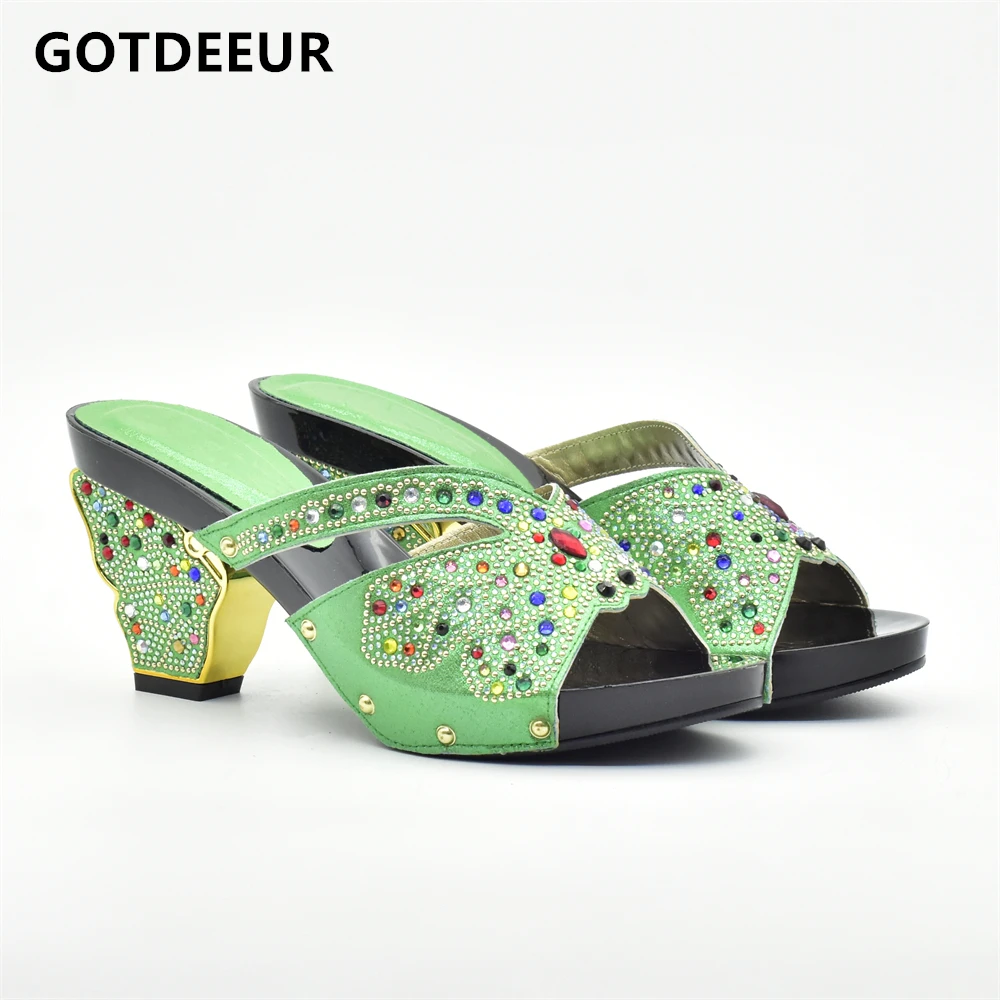 

Latest Green Women Slipper Elegant African Women Pumps Shoe for Party High Quality Italian Women Party Shoe Decorated with Stone
