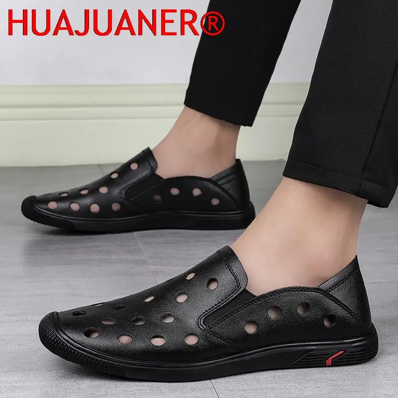 

Brand Mens Shoes Genuine Leather Luxury Sandals Casual Summer Shoes Man Non Slip Breathable Loafers Men Hollow Out Driving Flats