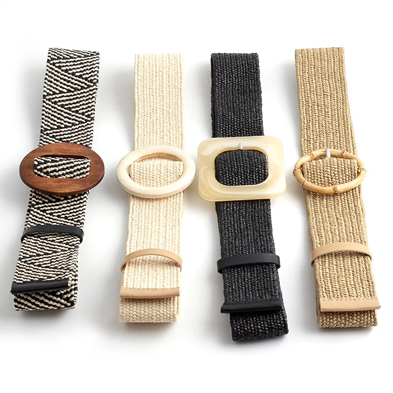 

Fake Straw Woven Waist Strap Braided Wide Waist Belt Dress Shirt Waistbands Round Bamboo Buckle Beach Girdle Elastic Force