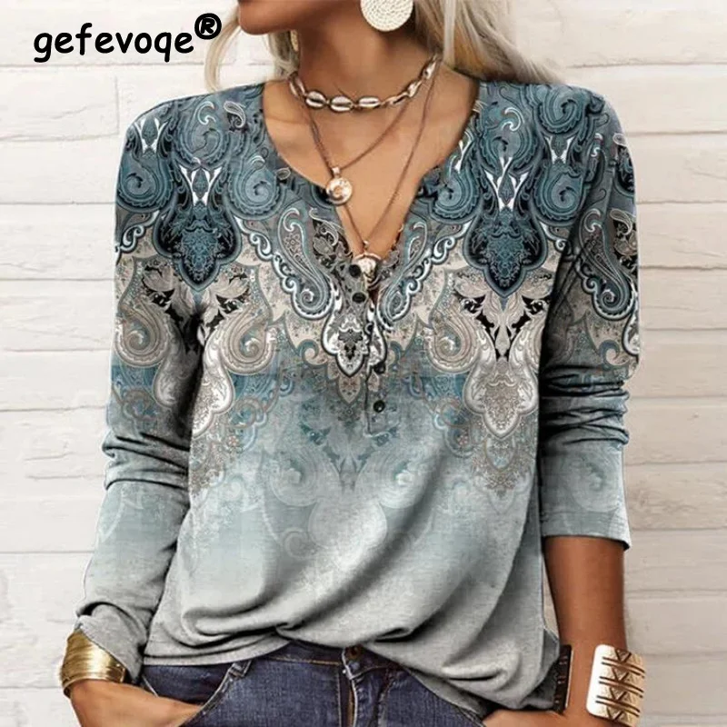 Купи Autumn Vintage Floral Print Ethnic Style Basic Tunic Tops Women Casual V Neck Long Sleeve Fashion Street T-shirt Female Clothing за 978 рублей в магазине AliExpress