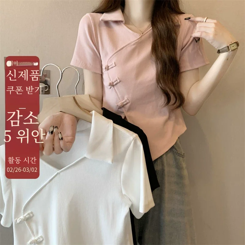 Jigu Plus size Short sleeve T-shirt Chubby Girl Summer Unique Chic Retro Chinese Sle Buckle Top