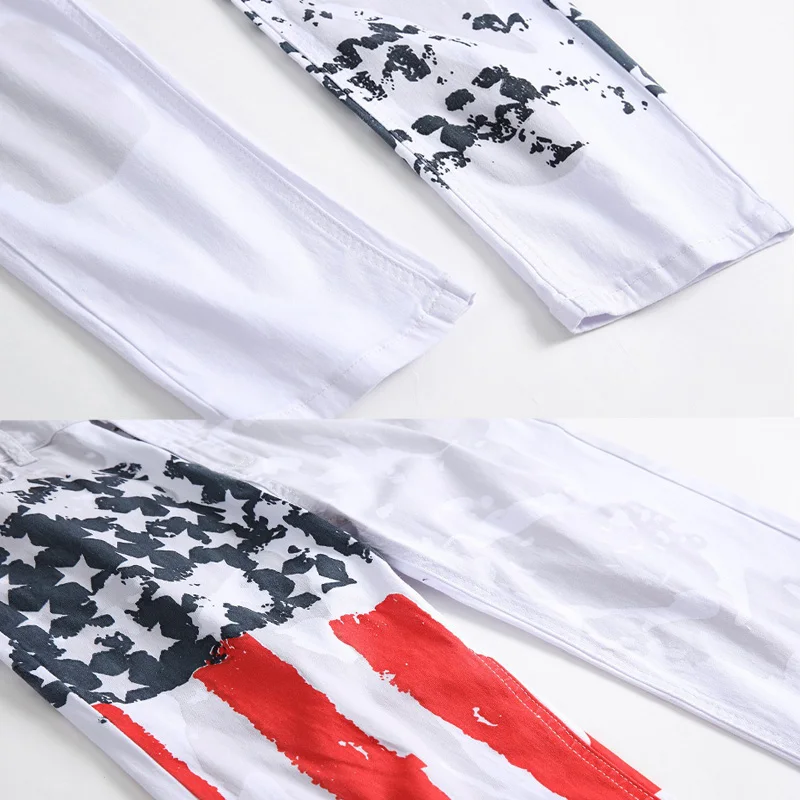Men's White American Flag Printed Jeans High-elastic Slim Casual Five-pointed Star Red Strips Plus Size Trousers 41 42 43 44