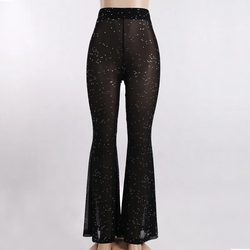 

Women High Waist Sequined Sparky Long Flared Pants 2023 Summer Bikini Cover Ups Trousers Mesh See Through Pants Beachwear New