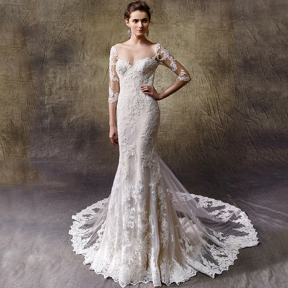 

Gorgeous Applique Mermaid Wedding Dress Scoop Neck Illusion Three Quarter Tulle Romantic Floor Length Bridal Sweep Train Gowns