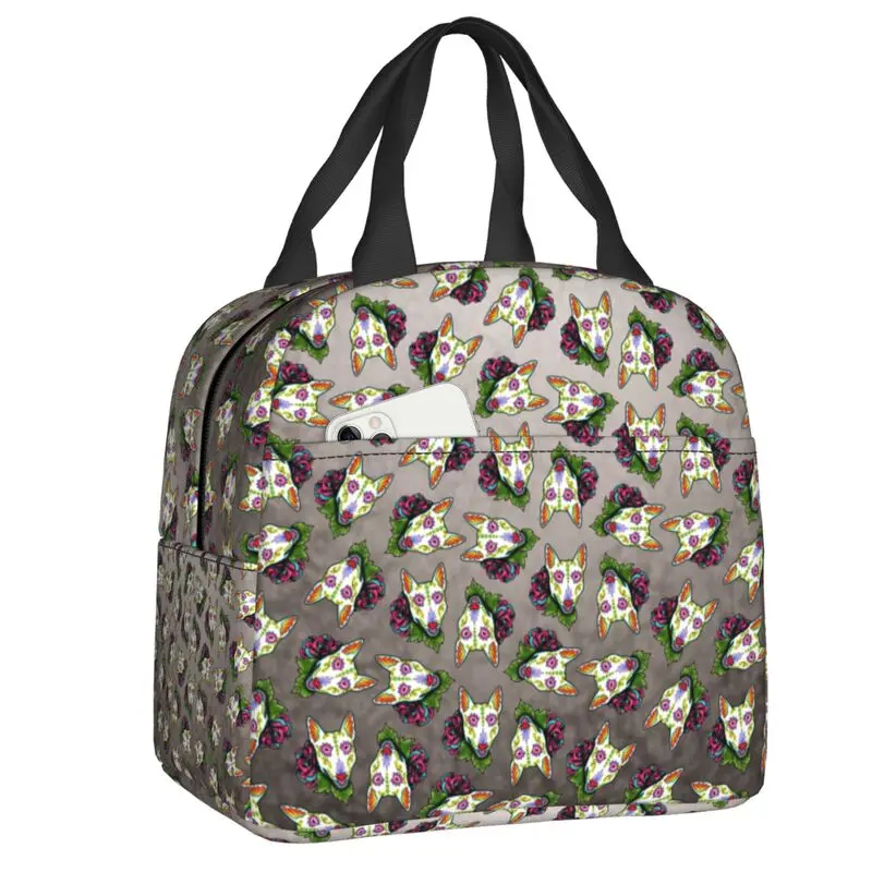 

Bull Terrier Insulated Lunch Bag for Women Day of the Dead Sugar Skull Dog Flower Thermal Cooler Lunch Tote Office Picnic Travel