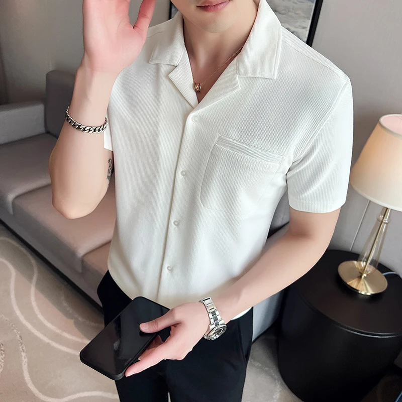 Classic Waffle Suit Neck Shirts Men Summer Short Sleeve Ice Silk Breathable Tops Slim Casual Business Social Formal Dress Shirt