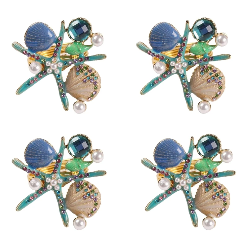 

4Pcs Starfish Napkin Rings,Pearl Rhinestone Ocean Coastal Nautical Napkin Ring Holders Napkin Buckle For Party