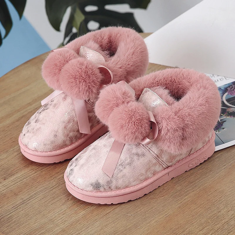 

2022 New Nice Winter Children Shoes Girls Fur Warm Plush Girls Boots Cute Hairball Ribbon Cotton Shoes Fashion Kids Snow Boots