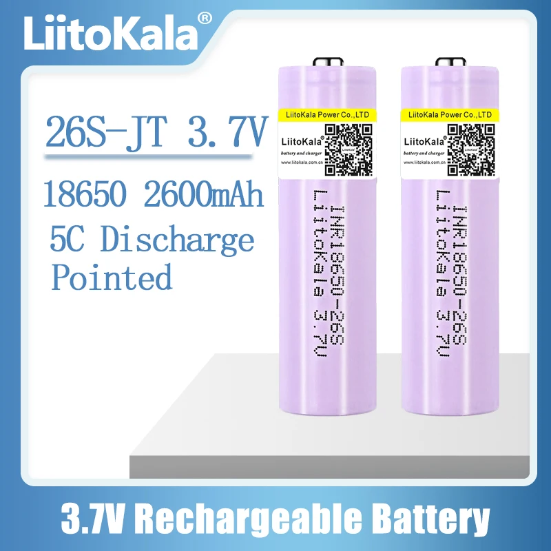 

LiitoKala New Original 26S-JT 3.7v 2600mah 18650 26S 5C discharge Lithium Rechargeable Battery For Flashlight battery + Pointed