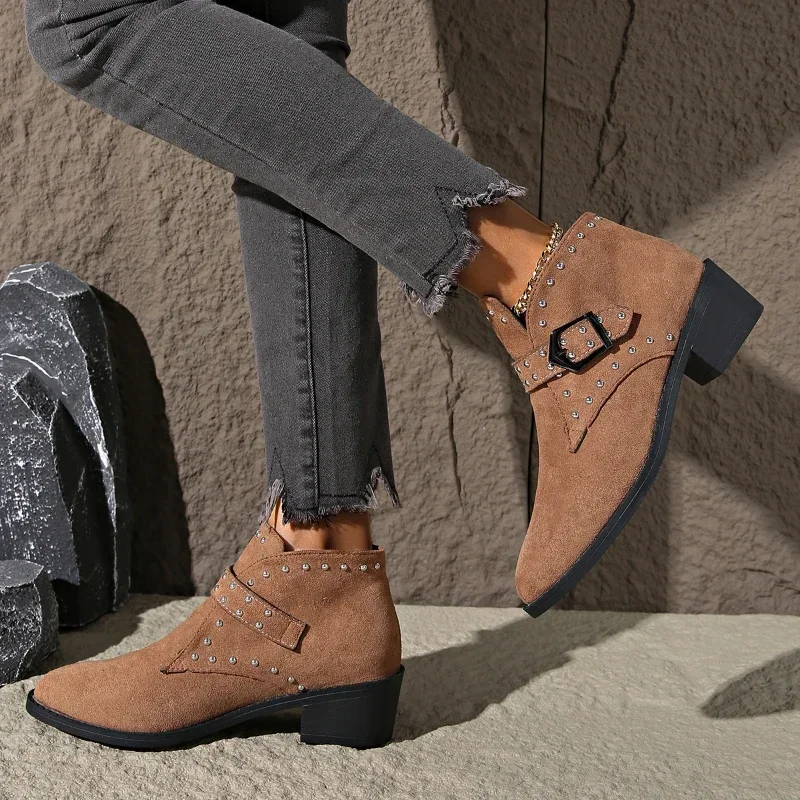 New Winter Brown Pointed Toe Square Heel Comfortable Women's Boots Thick Sole Sexy Elegant Fashion Suede Shoes